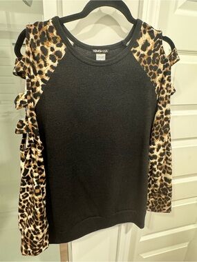 HEIMISH USA Black Knit Top with Leopard Print Raglan Sleeves